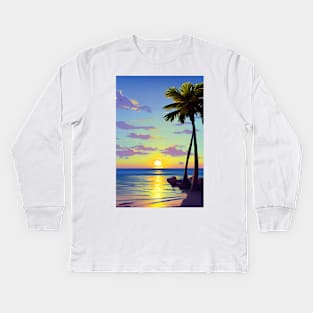 Summer Sunset Palm Tree Beach Ocean Artistic Paradise Landscape Kids Long Sleeve T-Shirt